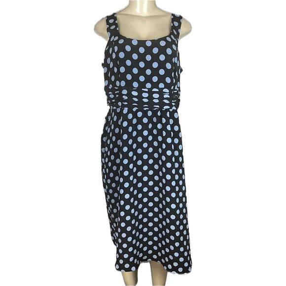Dana Kay 12 Black Polka-Dot Blue Layered Detail Waistband Below Knee Sun Dress - Picture 2 of 6